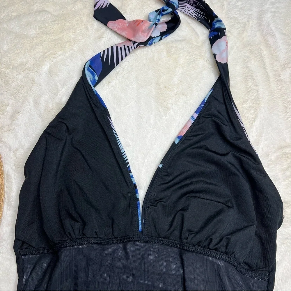 DKNY Halter Shirred One Piece Swimsuit With Tropical Floral Print - Picture 6 of 8